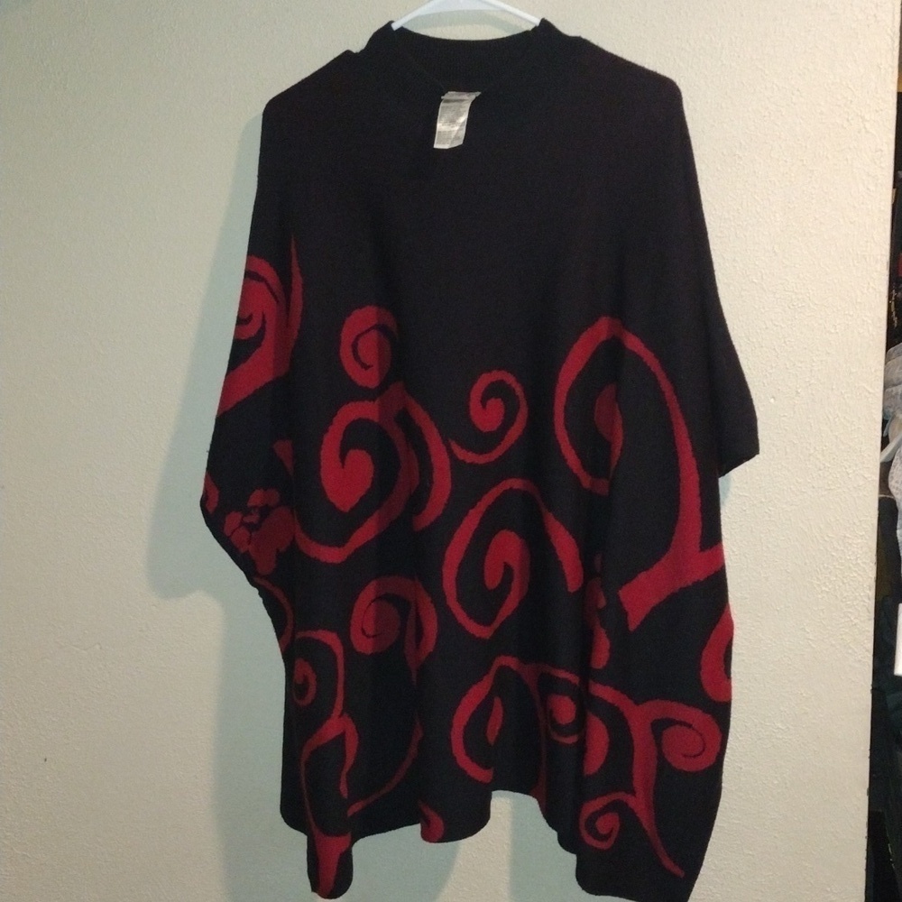 Chico’s Red and Black Popover Poncho with Swirl Design Cotton Blend S/M - Picture 3 of 7